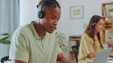 Black-man,-startup-call-center-and-happy-for-talk