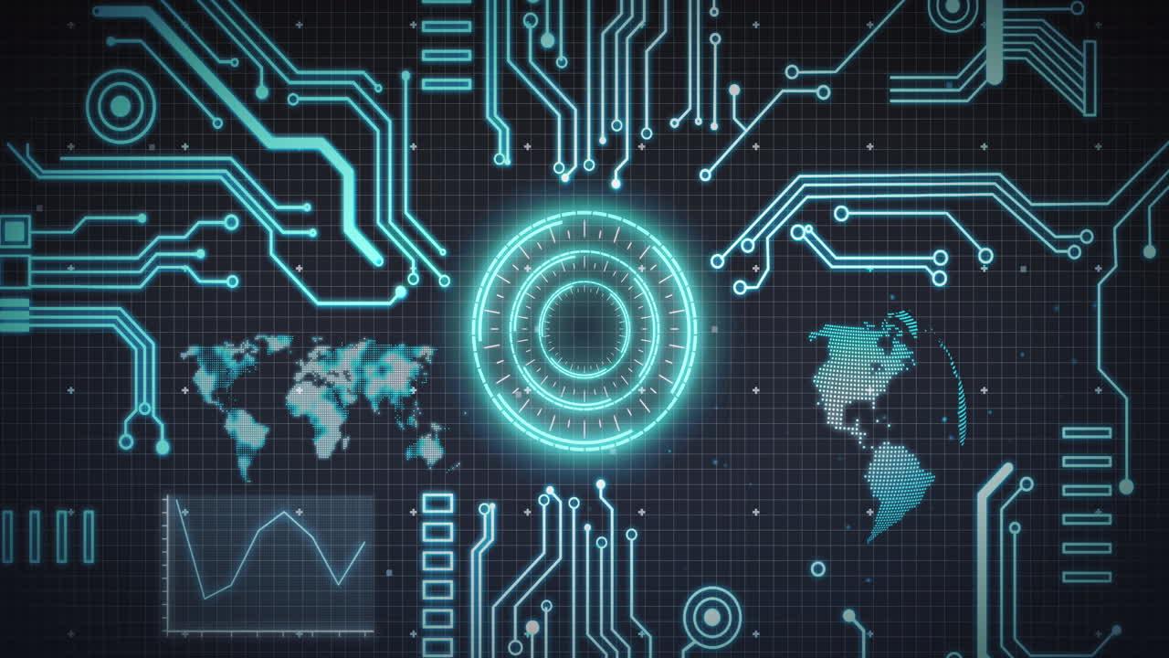 Animation of scope scanning, processor elements, world map and data processing over grid