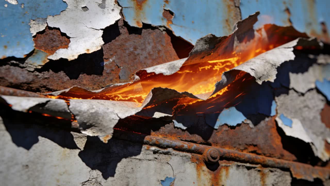 Fremkommende orange sprække spreder sig under afskallet blå-hvid maling på en korroderet metalsamling, gnistrende