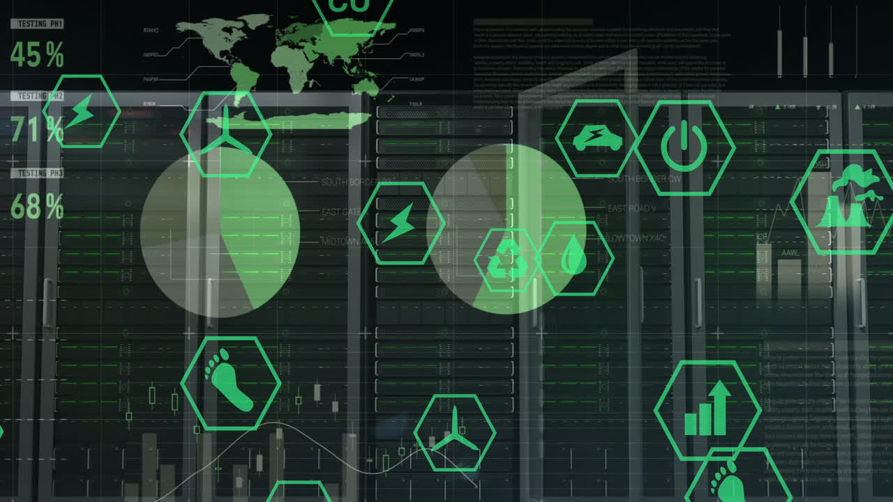 animación de procesamiento de datos y iconos de ecología sobre la sala del servidor