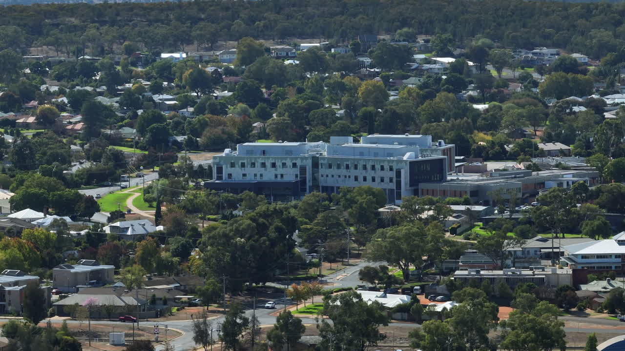 Aerial: Drone shot of Griffith hospital, NSW Australia