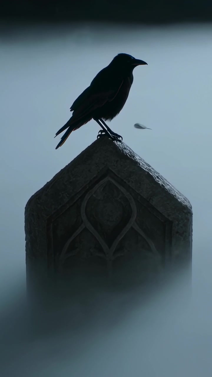 Video verticale: Un uccello corvide scuro solitario che si liscia le piume, perdendo una piuma sopra una lapide, con nebbia al suolo.