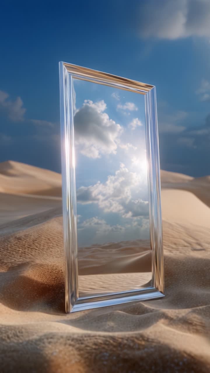 Uno splendido paesaggio desertico con uno specchio riflettente che cattura la bellezza delle nuvole e della luce solare, creando una giustapposizione surreale in un ambiente sabbioso.