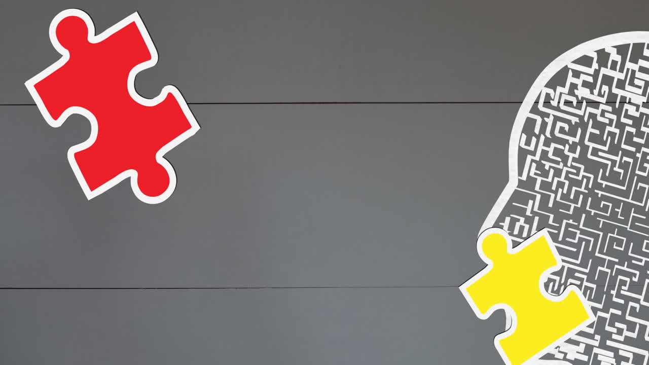 animación de piezas de rompecabezas verdes, amarillas y rojas que caen sobre un modelo de cabeza humana con laberinto en gris