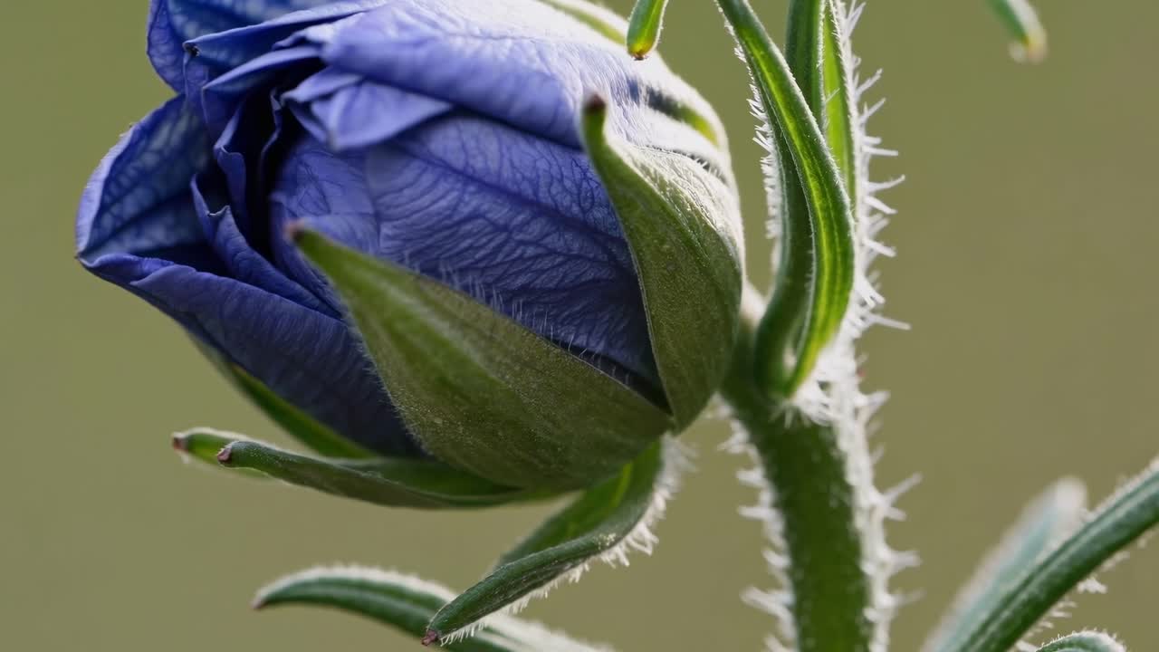 Timelapse van een blauwe bloemknop die opengaat