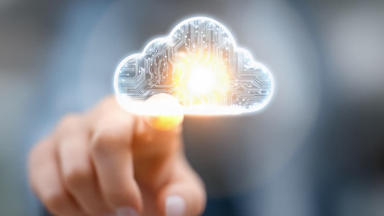 Innovative Cloud Computing Interface: A Person Interacts with a Digital Cloud Symbol Representing Modern Technology and Data Connectivity