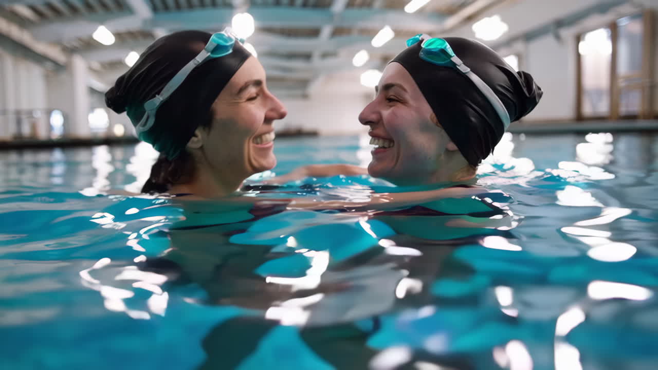 Two smiling women enjoying a swim in an indoor pool