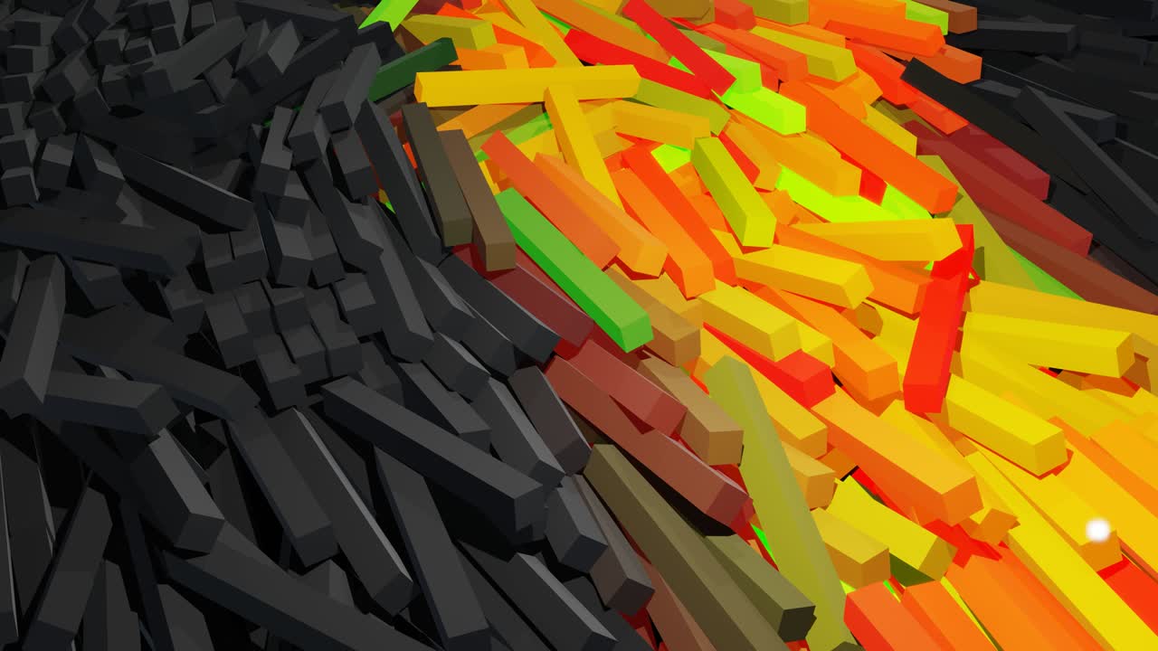 el fondo en bucle abstracto en 3d con muchos rectángulos grises se colocan en el plano y se encienden. las bombillas comienzan a brillar formando un patrón como una guirlanda de navidad abstracta. las ondas multicolores atraviesan los palos