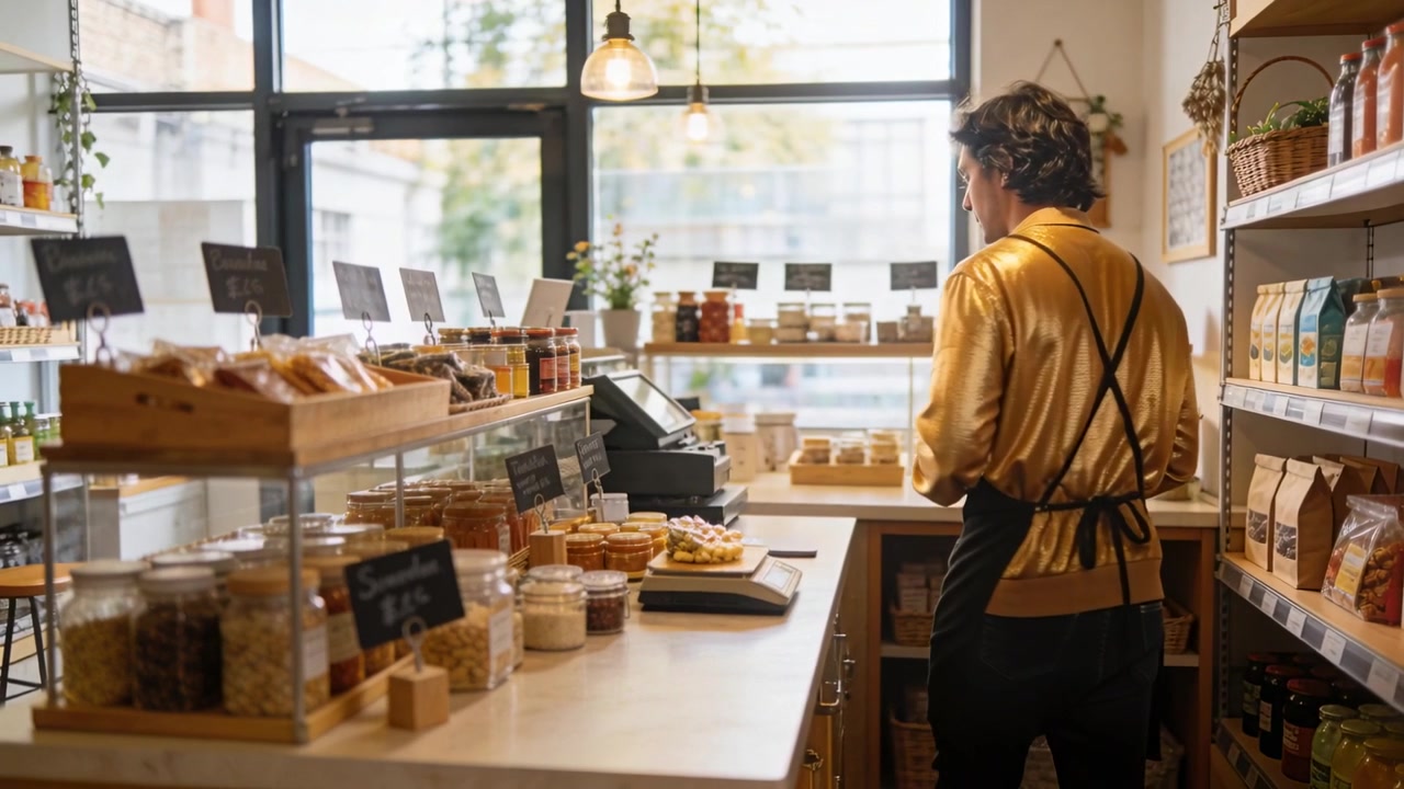 Opening shop, clerk in gold shirt weighing jars on scale, operating register at counter, copy space