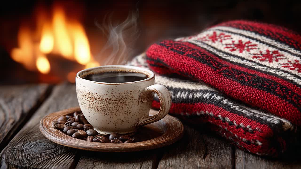 A Cozy Moment: A Warm Cup of Coffee Surrounded by Comforting Textiles with a Glowing Fireplace in the Background, Perfect for Relaxation and Enjoyment