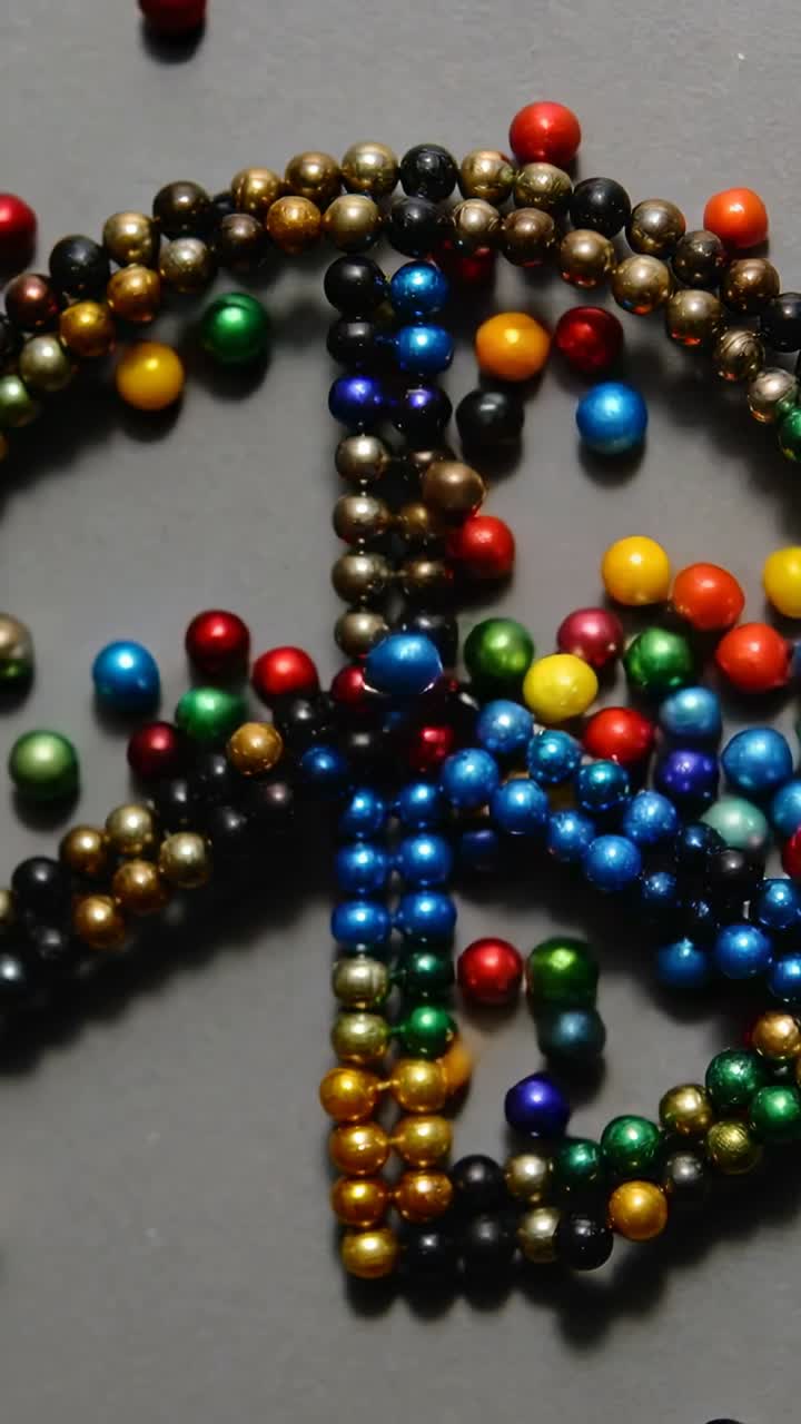 Vertical video: Aligning magnetic beads forming peace-symbol on grey tabletop, pulled by magnet