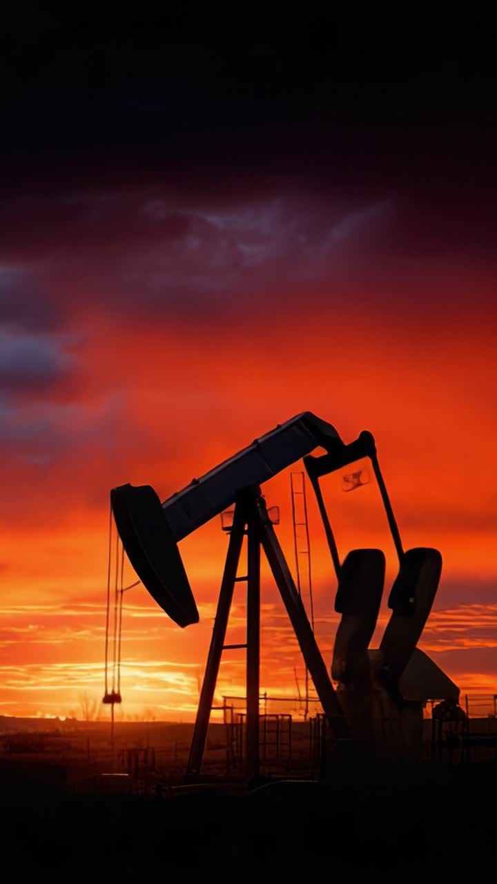 Silhouette di un bilanciere di pompa petrolifera contro un tramonto mozzafiato, che proietta ombre drammatiche sotto un cielo vibrante pieno di arancioni intensi e viola profondi.