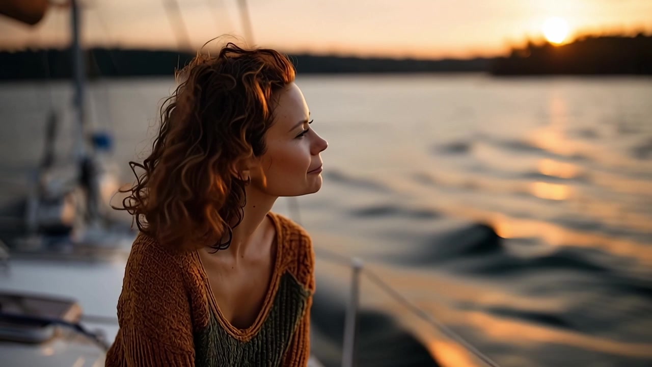 A Serene Evening on the Water: A Young Woman Admiring the Sunset While Relaxing on a Sailboat, Capturing the Beauty of Nature and Tranquility.
