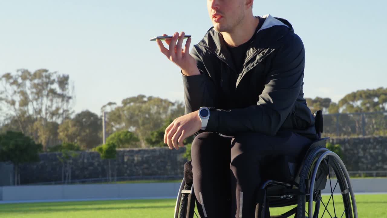 Disabled athletic talking on mobile phone 4k
