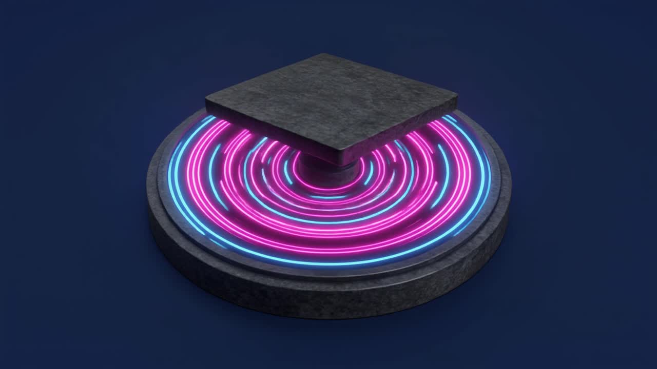 Futuristisk platform med pulserende lyserøde og blå neonlys