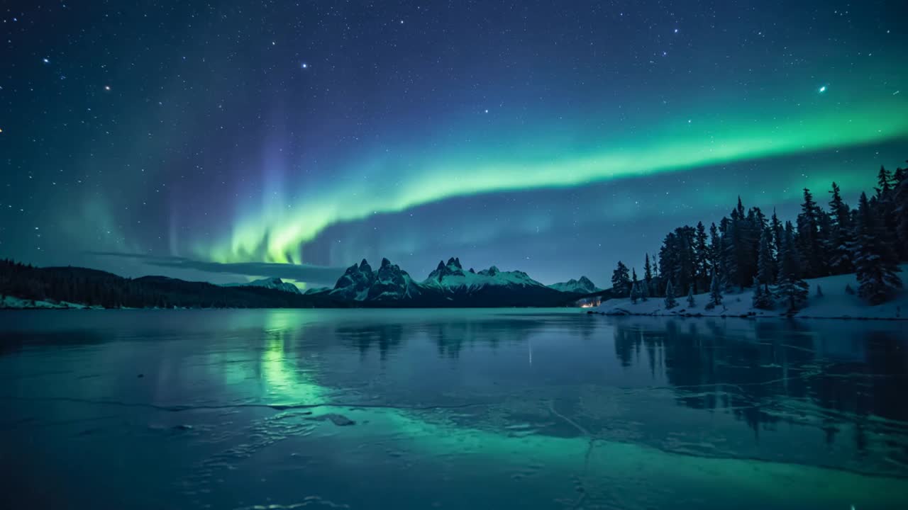 Aurora boreale in movimento che si riflette su un lago ghiacciato vicino a cime montuose frastagliate e una baita illuminata