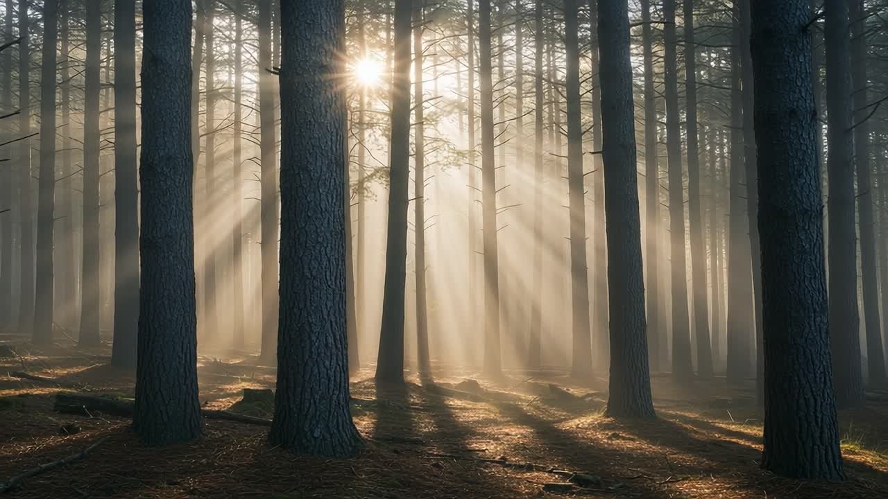 A Serene Forest Scene with Sunlight Streaming Through Tall Trees, Creating a Magical Atmosphere in the Woods, Perfect for Nature Lovers and Photography Enthusiasts