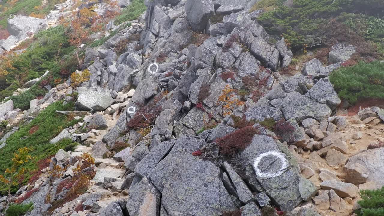 Explore the rugged terrain of Nagano's Mount Jonen in Chubusangaku National Park with a tilt up shot revealing rocky landscapes on a misty day. No people visible, serene and pristine