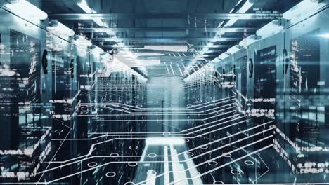 animation of data processing and microprocessor connections over empty computer server room