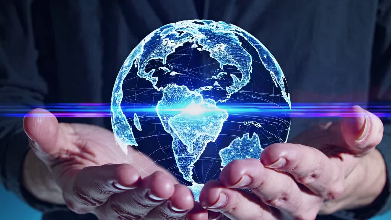 A futuristic video concept showing a glowing digital globe held in hands