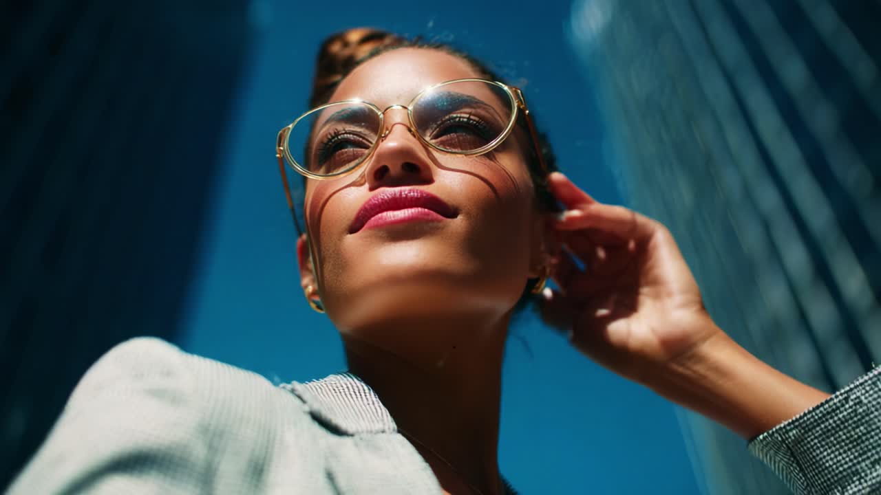 A Confident Woman in Stylish Glasses Posing Against a Blue Sky Above Skyscrapers, Exuding Empowerment and Modern Chic Vibes in the Urban Environment