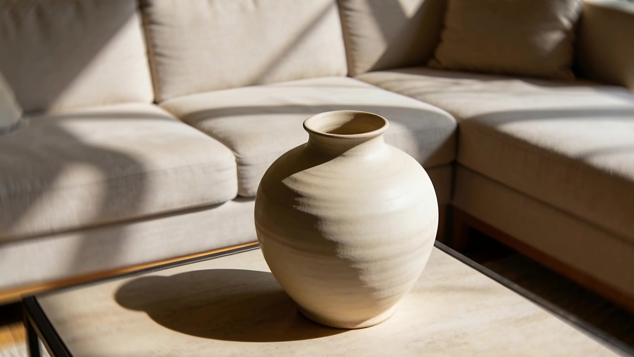 La telecamera si stringe mentre le ombre delle finestre si spostano, un vaso beige ruota su un tavolino basso a casa.