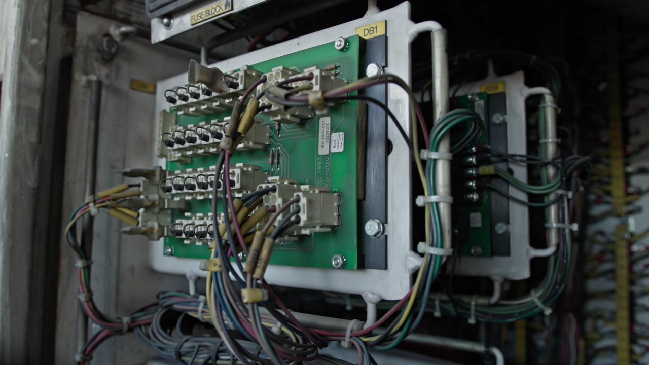 Close-up of industrial control panel with circuit boards and wiring used for telecommunications and power distribution at a mining site. Critical infrastructure in heavy industry.