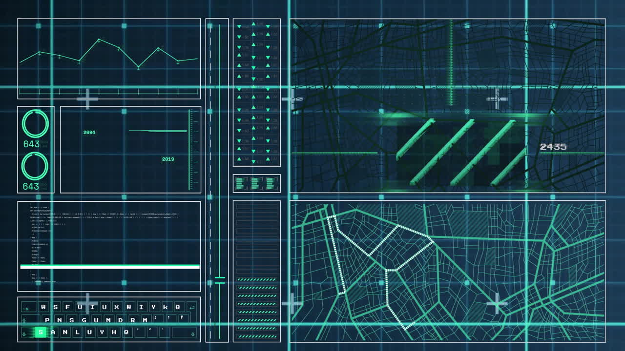 Animation of digital data processing over grid on dark background