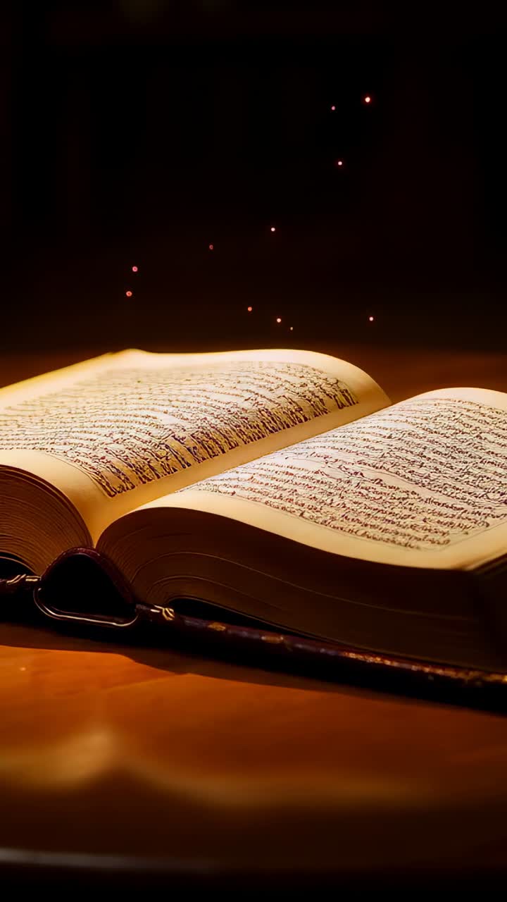 Video verticale: bagliore fuori campo che illumina un libro aperto sul tavolo, mettendo in risalto la chiusura e sollevando scintille