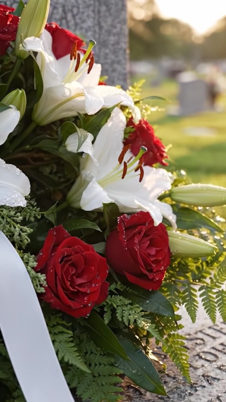 Un sereno tributo: una composizione floreale di rose rosse e gigli bianchi che adorna una tomba, simboleggiando amore, ricordo e rispetto in un'ambientazione di cimitero pacifico.