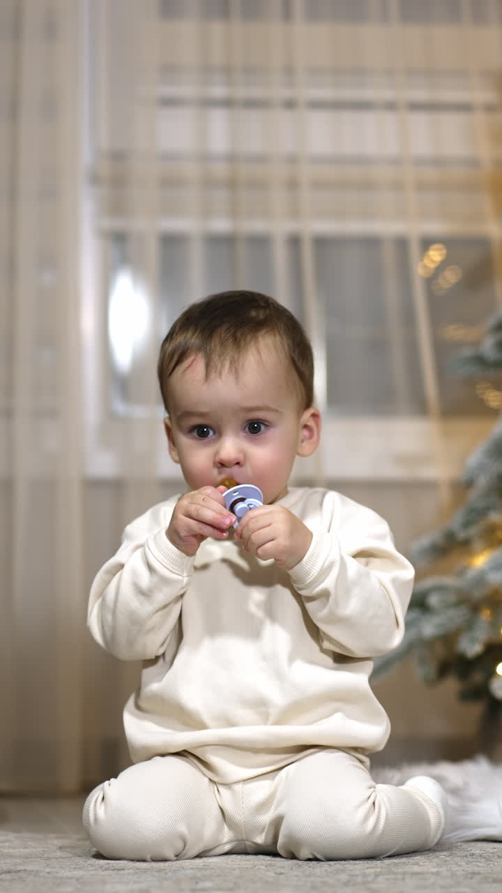 Sweet Caucasian child sits on the floor holding a pacifier in mouth. Baby crawls quickly to camera and then turns to Christmas tree. Vertical video