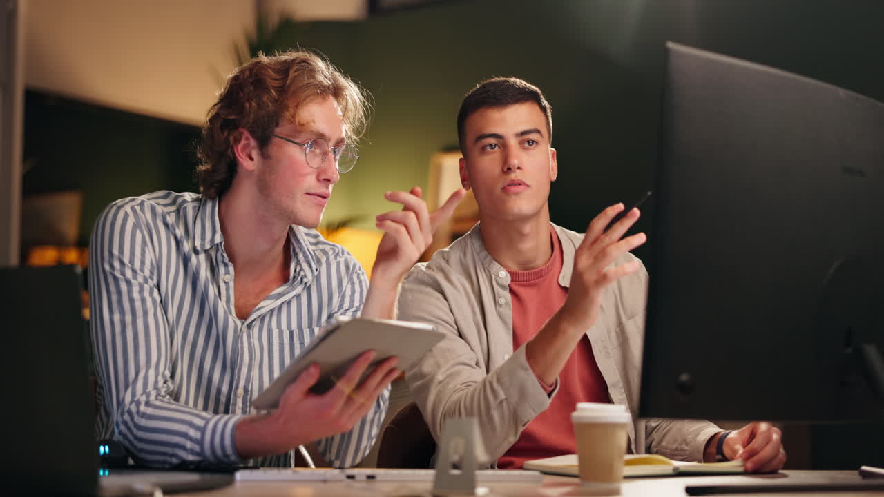Two men collaborating on a computer and tablet