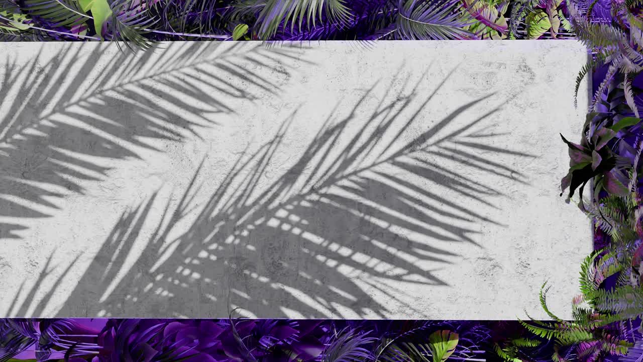 A Shadow of tropical palm leaves on white concrete wall with green jungle foliage frame. Nature inspired template background. Summer vacation and botanical concept. Design for banner. vertical