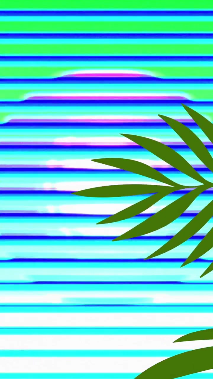 Animation of green tropical plants over colorful striped background