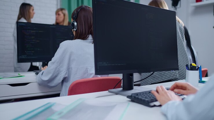 Een groep vrouwelijke programmeurs werkt aan code aan hun bureaus op kantoor