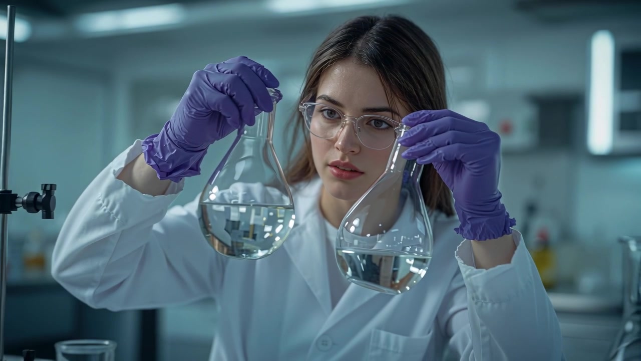 Técnico de laboratorio levantando y comparando matraces de pera en el banco de trabajo para volumen y claridad, con bata blanca y guantes morados
