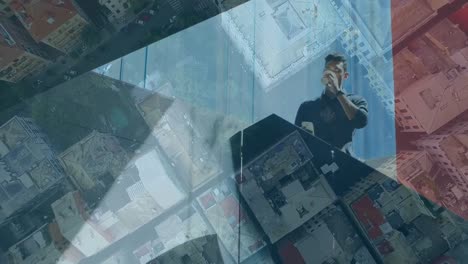 animación de un hombre usando un teléfono inteligente sobre el paisaje urbano