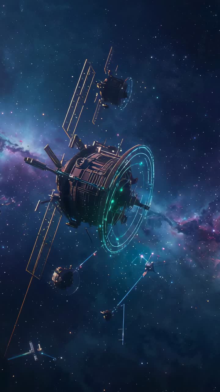 Vertical video: Responding to nearby drones, station casting teal ring and enabling energy transfer