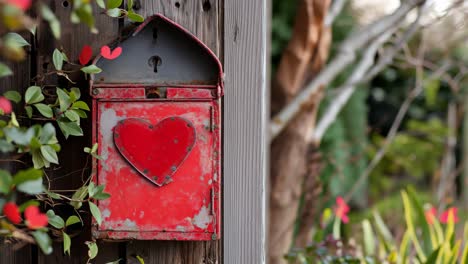 red heart-shaped mailbox in a garden