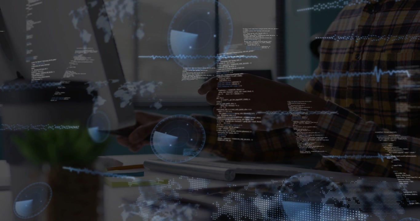 Developer tapping smartphone and using keyboard at desk, analyzing tech data with sweeping overlays