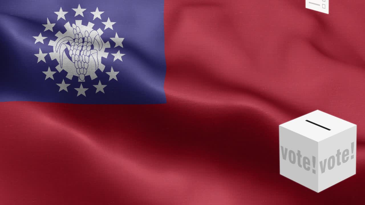 Ballots fly to box for Myanmar Burma selection - Ballot box in front of flag - Election - Vote - Flag Of Myanmar Burma - Myanmar Burma Flag High Detail - National flag Myanmar Burma wave Pattern loopable Elements - Fabric texture and endless loop