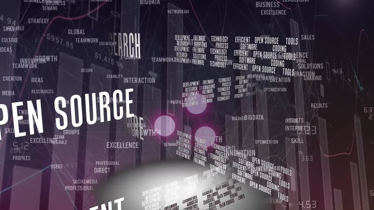 Animation of business and network texts over graph and black background