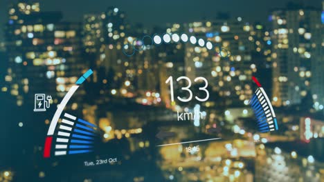 Animation-Der-Datenverarbeitung-Des-Elektroauto-Tachometers-über-Der-Stadt