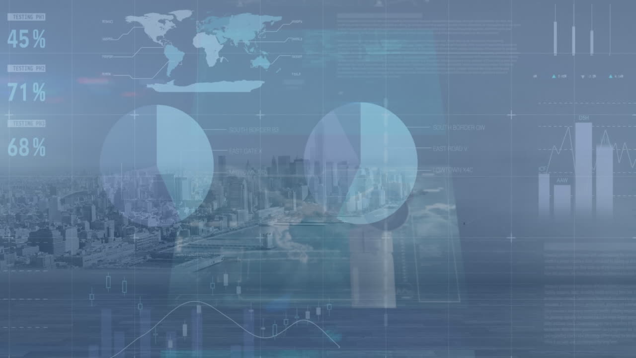 animación del procesamiento de datos con el mapa del mundo sobre el paisaje urbano