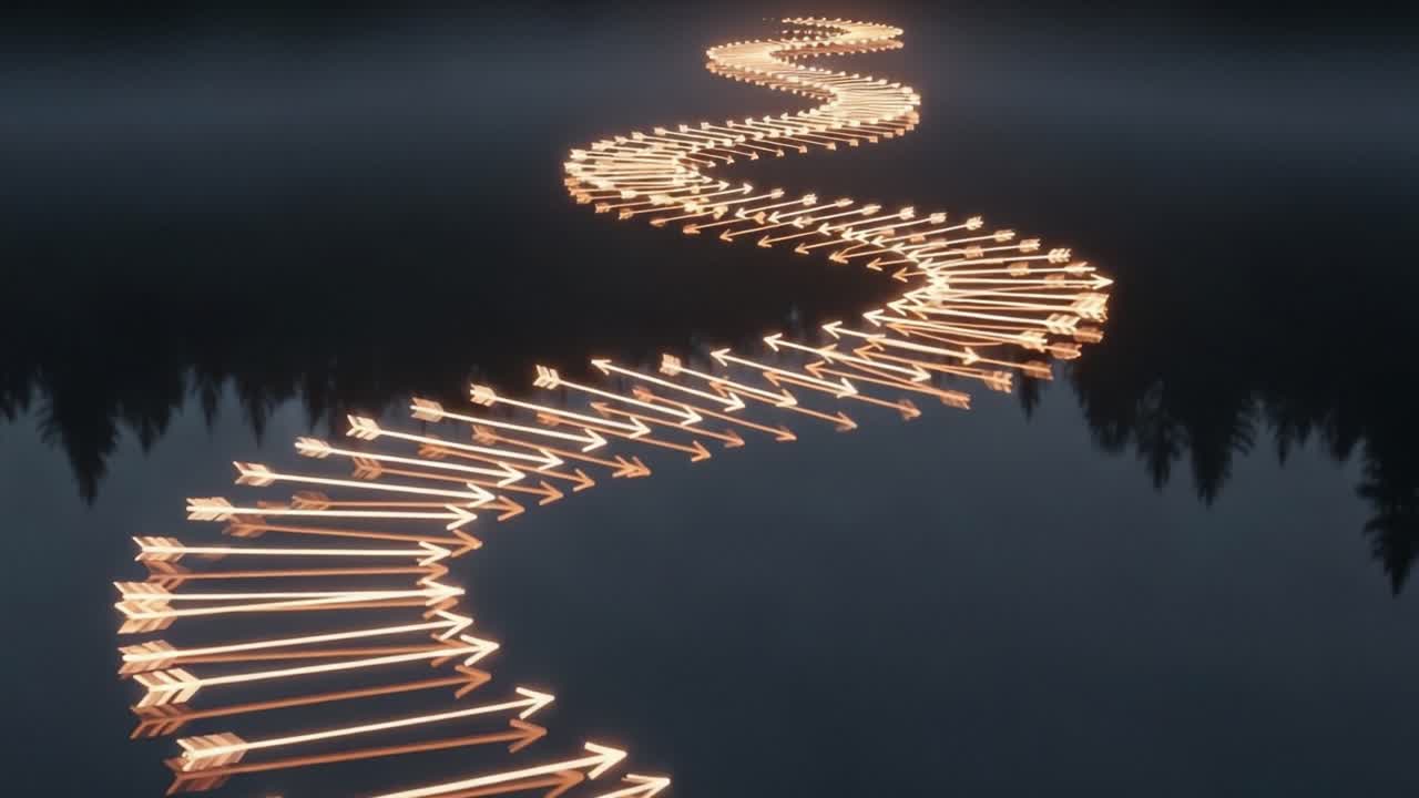 A mesmerizing visual of a winding path illuminated by glowing arrows, reflecting in calm waters surrounded by a serene forest backdrop, creating an enchanting atmosphere