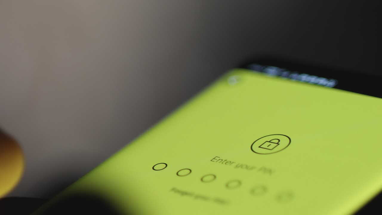 4K Video close up hand put pin code on screen.