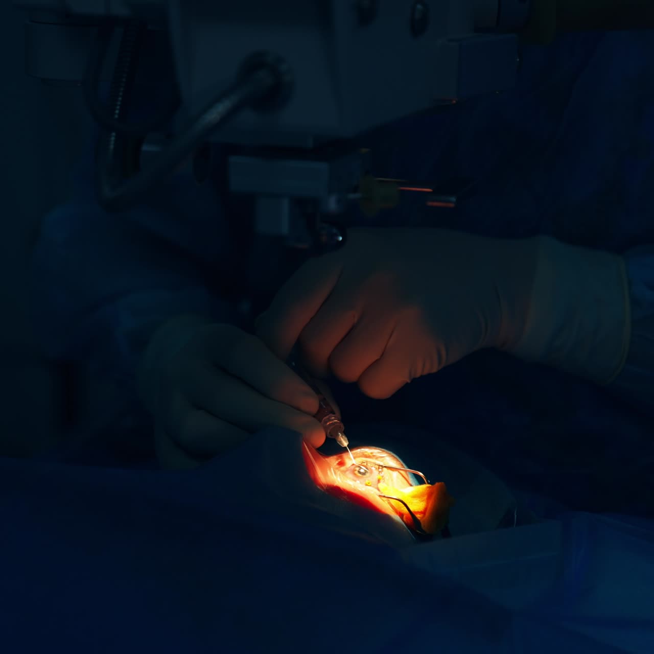 Eyesight operation conducted at the dark surgery room. The operated eye highlighted by the bright light from equipment. Assistant spraying the medicine from syringe