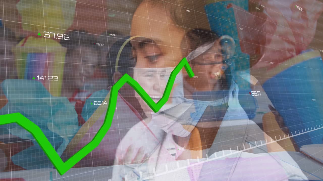 gráficos y gráficos sobre niños en edad escolar y mujer con coronavirus de máscara.