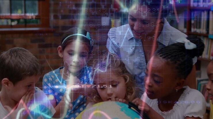 Animation of data processing and graph over schoolchildren and teacher looking at globe in class