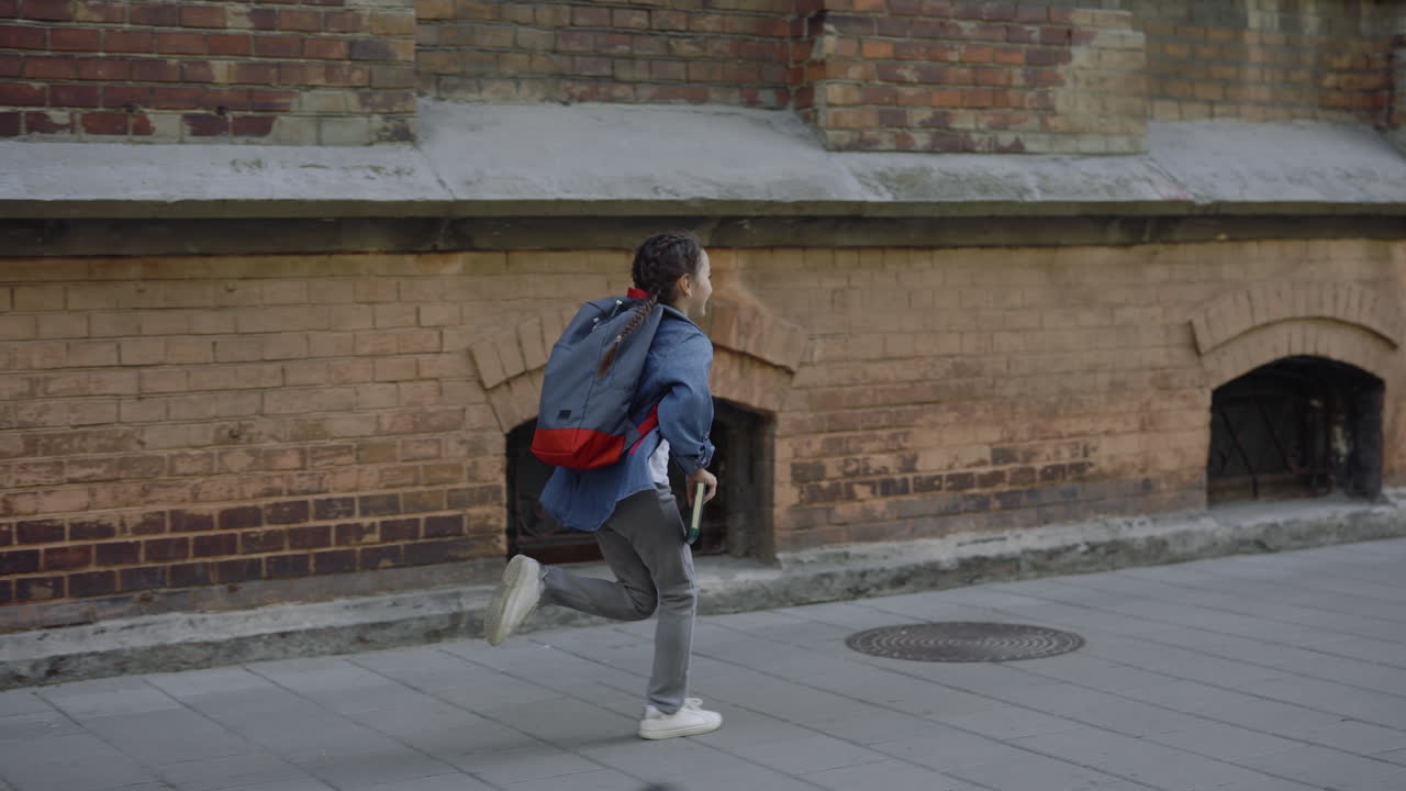 Girl Running to School with Backpack